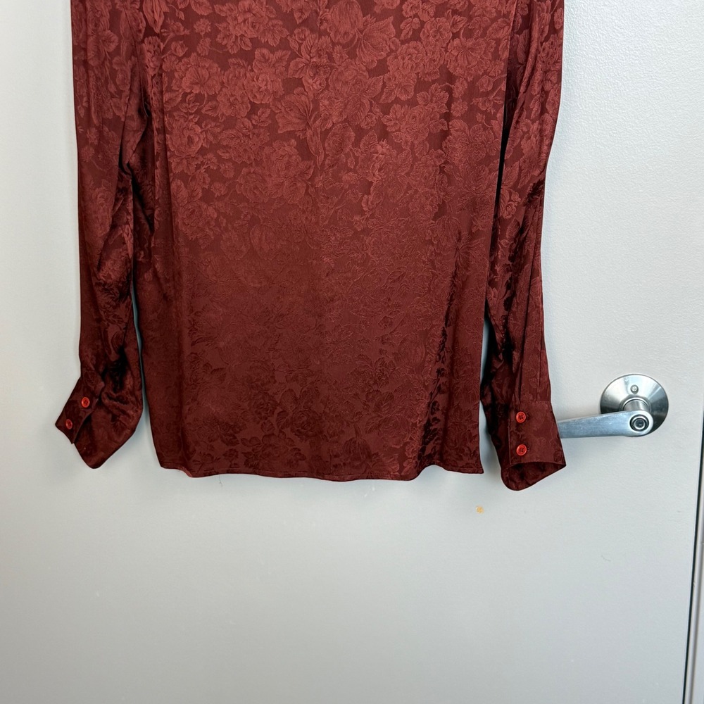 Anne Klein II Blouse Women 8 Burgundy Silk Floral Jacquard Mock Neck Vintage - Picture 10 of 13